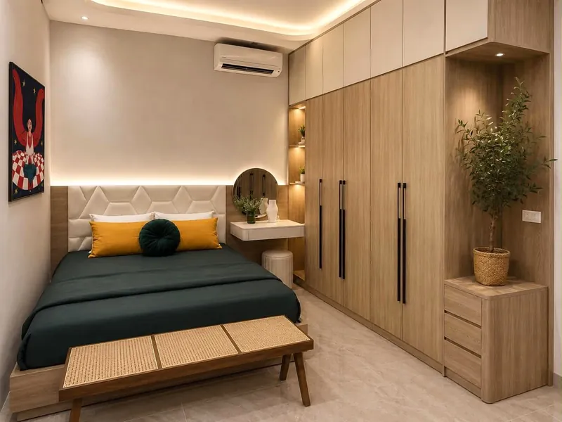 Phòng Bi: giường đôi, tủ gỗ lớn, đèn hắt